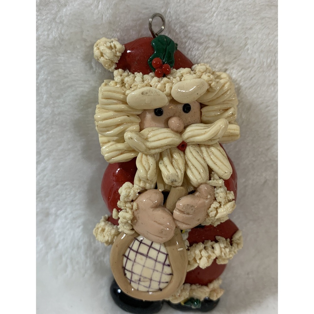 Vintage Glazed Dough Type Christmas Ornament Spaghetti Beard Tennis Player Santa - Picture 1 of 12